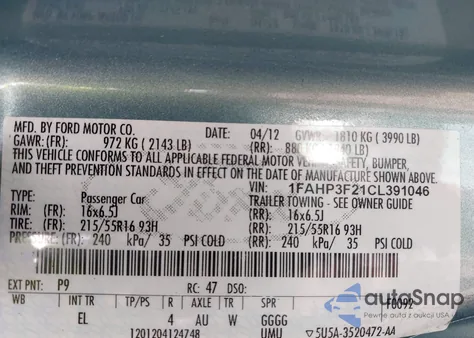 2012 Ford Focus Se z USA, uszkodzony, nr VIN 1FAHP3F21CL391046